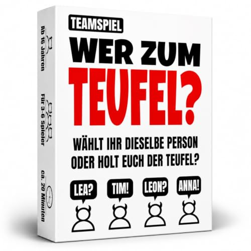 Wer zum Teufel – Kooperatives Partyspiel | Wer würde eher als Teamspiel | 3-6 Spieler ab 16 Jahren | Lustiges Spiel für Erwachsene | Kartenspiel & Gesellschaftsspiel