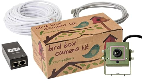 Green Feathers 1080p Wired Wildlife Camera- IP PoE Bird Box Camera, Watch Live on Phone, Tablet or PC (50m Kit - UK Power Supply)