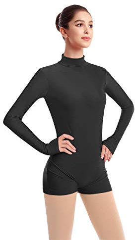 Women Mock Neck Gymnastics Dance Leotard Boyshorts Long Sleeve Bodysuit Ballet Dancewear Biketard Adult Plus Size Shorts Jumpsuit One Piece Spandex Turtleneck Bodycon Romper Overall Black XXX-Large