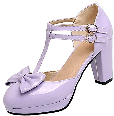 StyliShoes Women Fashion T-Strap Shoes with Chunky Heel Lilac