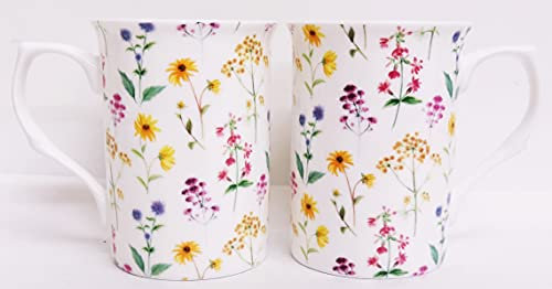 Lot de 2 tasses en porcelaine fine décorée à la main Motif fleurs des champs Multicolore