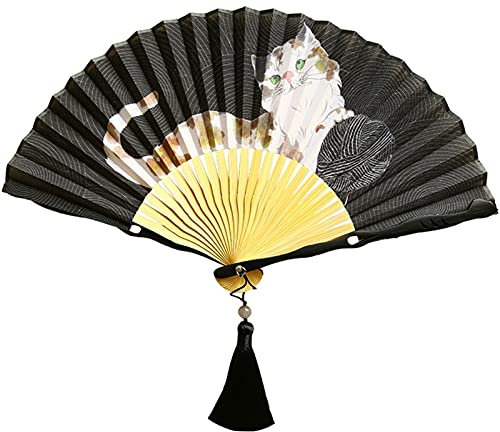 HTian 8,27(21cm) Handgehaltene Bambus-Baumwollstoff-Faltfächer, Japanische Vintage Handfächer, mit Eleganter Quaste, Karikatur Katze Muster