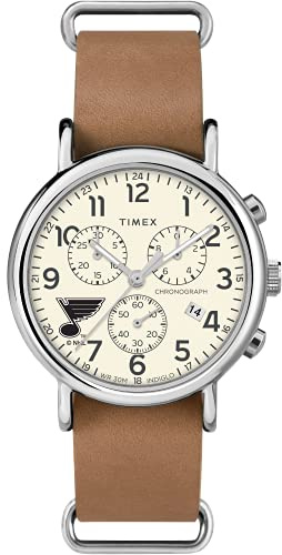 Timex Tribute Men's NHL Weekender Chrono 40mm Quartz Leather Strap, Brown, 20 Casual Watch (Model: TWZHBLUMVYZ), Saint Louis Blues