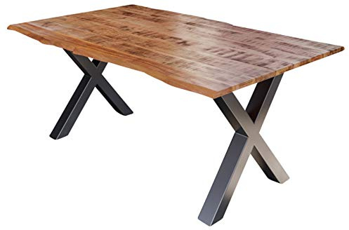 SAM Esstisch Dora 180x90 cm Mangoholz Baumkante X-Gestell Silber | Baumkantentisch massiv, naturfarben lackiert, 26 mm Tischplatte, Metallgestell