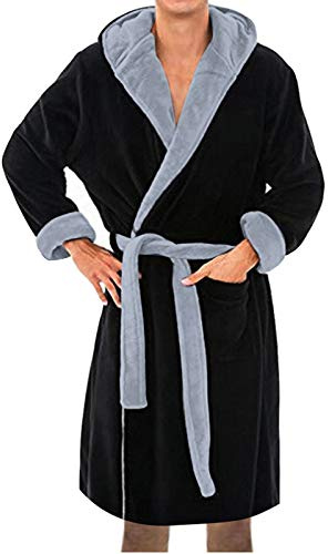 PANGF Peignoir à capuche pour homme - Épais et agréable - 100 % coton doux - Peignoir de sauna - Chemise de nuit pour hommes - Grande taille - Pyjama avec poche et ceinture - Peignoir en flanelle - S