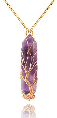 VIBILIA Healing Crystal Necklace Tree of Life Wire Wrapped Natural Amethyst Stone Point Pendant Necklace Hexagonal Reiki Spiritual Quartz Gemstone Jewelry for Women Men