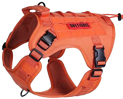 OneTigris Upgraded Fire Watcher 2.0 mit Strapazierfähiger Metallschnalle, Taktische Hundegeschirr mit Griff, No Pull Geschirr Grosse Hunde mit MOLLE-Klettsystem - Orange S