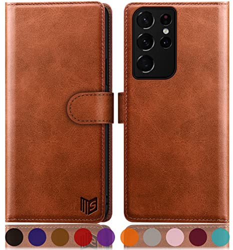 SUANPOT [RFID Schutz für Samsung Galaxy S21 Ultra Hülle PU Leder Handyhülle Lederhülle Klapphülle Kartenfach Flip Cover für Samsung S21 Ultra Handy hülle Leather Wallet Phone Case Hellbraun