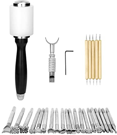 QWORK® 27 Stück Leder Handwerk Werkzeuge Kit, Lederstempel, Zeichenstempel, Nylonhammer und Schnitzmesser, zum Leder Craft Making