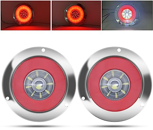 Biqing 2pcs 4 Feux Remorque LED Rond,12V 24V Led Feux Arrière de Remorque Rouge Feux Stop Blanc Feu de Recul Lamp Avec Lunette Chromée Eclairage pour Remorque Camion Van Remorque RV