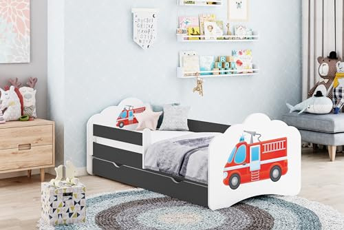 Happy Babies MOBI Kinderbett 160x80 mit Rausfallschutz & Schubladen Kinderzimmer Bett mit Matratze 80x160 Kinder-Bett für Jungen Feuerwehrauto-Muster