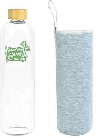 Bottiglia d'acqua in vetro 1,5 L 1500 ml con coperchio in bambù vetro borosilicato con custodia in neoprene grigio ecologico Save the planet fill me up riciclabile riutilizzabile senza BPA