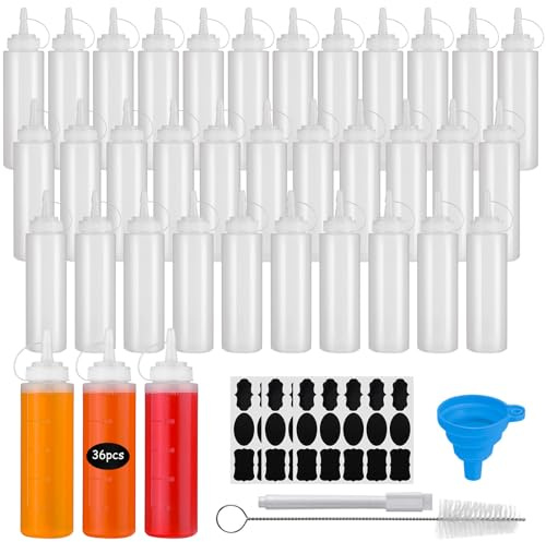 Hoemwarm 36 Pack 8 oz Condiment Squeeze Bottles Bulk, Plastic Leak Proof Multipurpose Sauces Ketchup Paint Squeeze Bottles with Tick Mark for Kitchen,BBQ,Oil,Dressing Camping Supplies