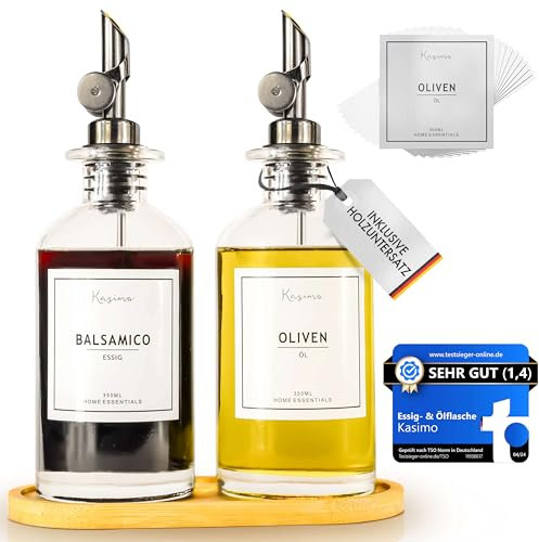 Kasimo Ölflasche Essig & Ölflaschen Set – 2x 350ml mit Ausgießer, Ölspender zum Befüllen, Olivenöl Flasche aus Glas, Öl Flaschen für die Küche, Essigspender mit Dosierer, Spender für Sirup