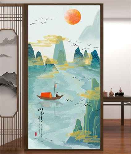 Fensterfolie Blickdicht Sichtschutzfolie Fenster Statischer Haftung ohne Klebstoff Milchglasfolie Folie Anti-UV Für Zuhause Büro- Berge und Boote(90cmx200cm)