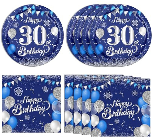 40PCS 30th Birthday Decorations Supplies for Men and Women Navy Blue Silver Happy 30 Year Old Birthday Decor Including Plates Napkins Serve 20