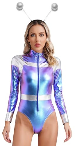 CHICTRY Costume da Alieno Sexy da Donna Wetlook Leotards Bodysuit Lucido Metallizzato +Fascia Aliena Body da Ginnastica Balletto Tuta per Discoteca Clubwear Blu S