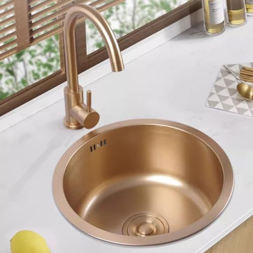 Piccolo Lavabo Rotondo Dorato Lavello da Cucina Ad Incasso Lavello in Acciaio Inox Lavello da Cucina Mini Lavello Singolo con Accessori (S : 36 * 36 * 18cm)