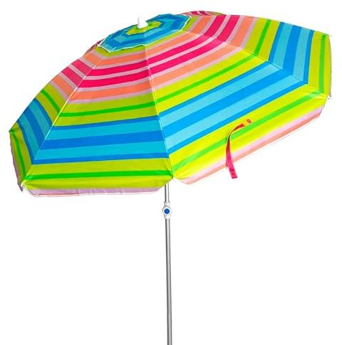 PINCHO Sonnenschirm Strand Windfest Stabil 200 cm - Strandschirm, Sonnenschirm Klein mit UV Schutz 50, Erdspieß, Transporttasche - Stahlrohr22/25 mm, 35 km/h, Blau Weiß