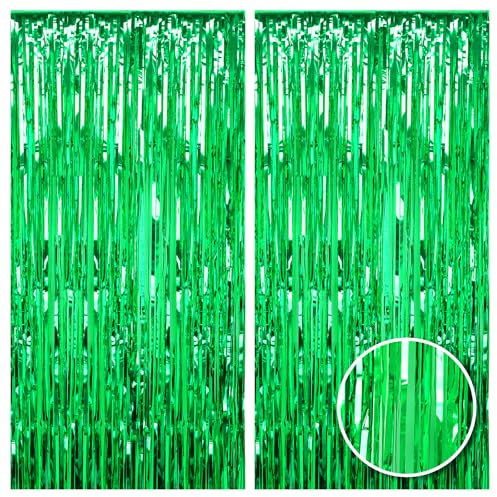 2pcs 3.2ft X 6.5ft Metallic Tinsel Curtains Background Streamer for Birthday Party Wedding Decoration (Green)
