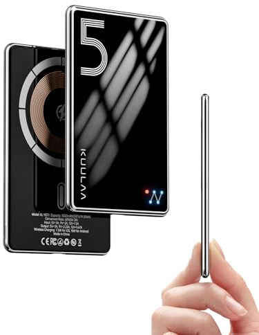 Kuulaa Batterie Externe iPhone Magsafe 5000mAh Power Bank USB C Chargeur Externe Slim 6.9 mm, PD 20W Batterie Portable Magnétiquecharge Rapide Chargeur Portable pour iPhone 16/15/14/13/12, Miroir Noir