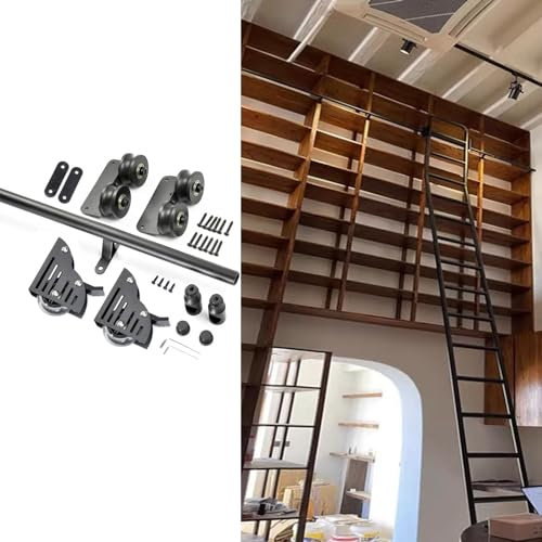 Schwarze Schiebeleiter Hardware-Kit 8 m rollende Bibliotheksleiter mit Bremse, stabiles und funktionales Design, Bodenrolle im Lieferumfang enthalten