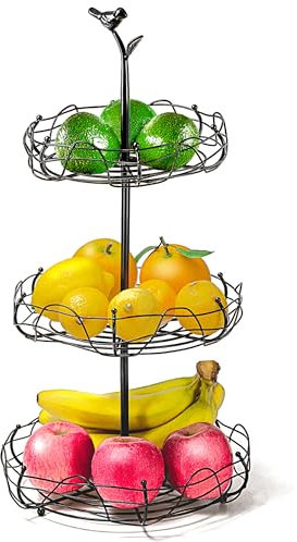 Ouseen Cesto per frutta a 3 livelli con grazioso manico, organizer multifunzionale in metallo per frutta e verdura, ideale per decorare la casa e riporre oggetti