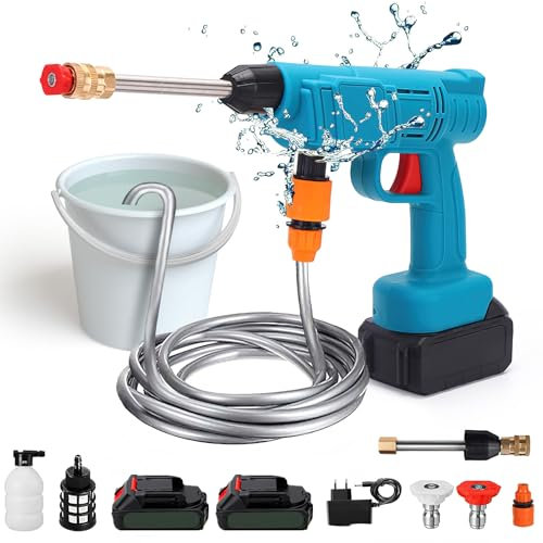 Nettoyeur Haute Pression sur Batterie, 30 Bars Nettoyeur Haute Pression sans Fil, Nettoyeur Haute Pression Portable avec Pulvérisateur de Mousse, pour Lavage et Arrosage de Voiture (2 Batteries)