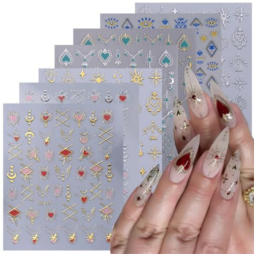 GZMAYUEN 7Pcs D'autocollants pour Ongles 3D Relief à Chaud, Motif Soleil, Lune, Etoiles, Autocollants Dorés pour Nail Art, Autocollants de Style Rétro pour Manucure pour Femmes
