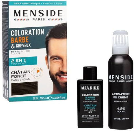 Menside - Kit de Coloration 2 en 1 Barbe & Cheveux - Crème Colorante + Rénovateur - Couvre Durablement Poils et Cheveux Gris - A l'Aloès et Santal Rouge - Châtain foncé