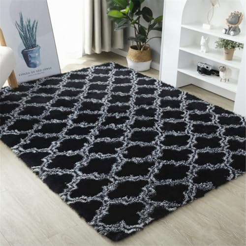 Highdi Tappeto Salotto Moderno Tappeto Shaggy a Pelo Lungo Tappeto Camera da Letto Soffice Antiscivolo Lavabile Tappeti Moderni Diamante per Soggiorno, Camera da Letto, Moderno (140x200cm,Nero)