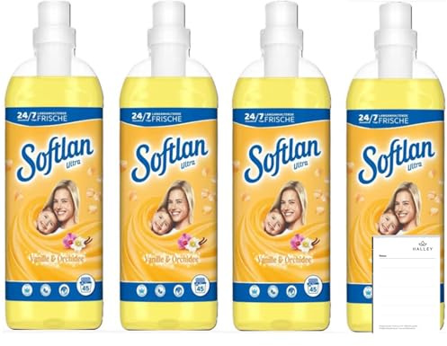 Softlan Weichspüler Vanille & Orchidee 4 x 1L für unwiderstehlich weiche Wäsche + Halley Notizblock | Softlan (4x1L). Für unwiderstehlich weiche Wäsche. Mit dem sinnlichen Duft von Vanille & Orchidee. Langanhaltend.