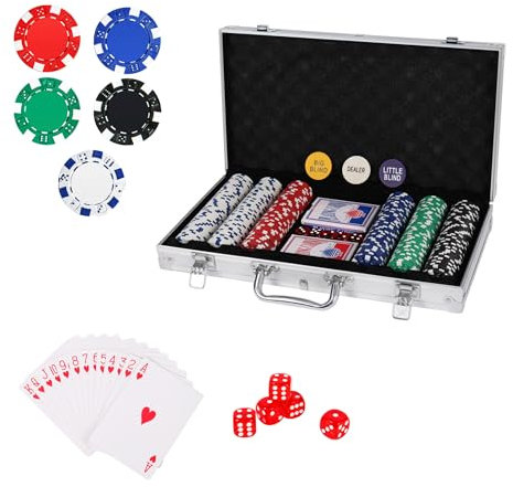 Pokerkoffer mit 300 Laserchips, Pokerset, Profi Deluxe Poker Komplettset, 12 g Chips, Dealer Button, 2 Pokerdecks, Aluminiumkoffer, Strategiespiel, Deluxe Set, Größe wählbar, Geschenk (Silber, M)
