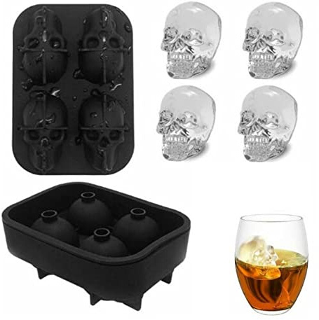 4 Fach Eiswürfelform aus Silikon mit Deckel, 3D-Totenkopfform, BPA-freie Eiswürfelform aus Silikon, kugelförmige Eiswürfelform für Getränke, Eiscreme, Schwarz