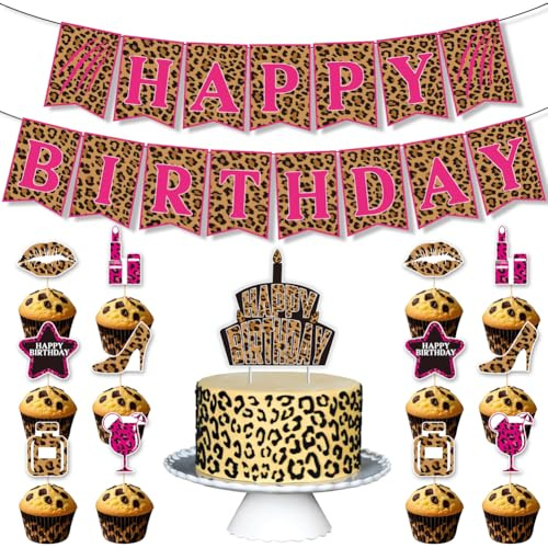 Leopard Print HAPPY BIRTHDAY Party Decorations, Pink Leopard Print Birthday Banner, Leopard Print Cake topper and 12pcs Leopard Print Cupcake toppers