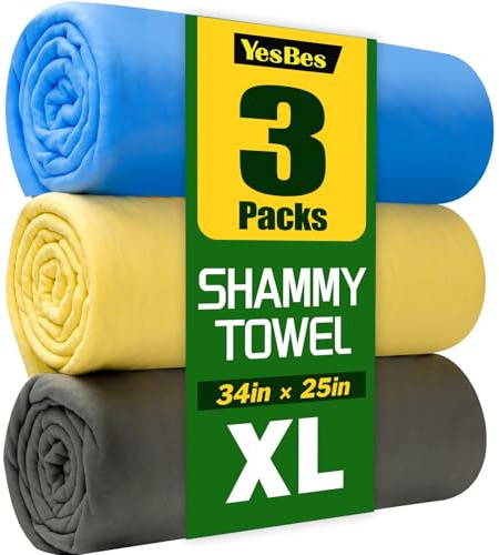 3 Pack Premium XL Shammy Cloth for Car Drying, 34”x25” Chamois Towel for Car, Super Absorbent Shammy Towel for Car, Reusable Soft Car Drying Towels