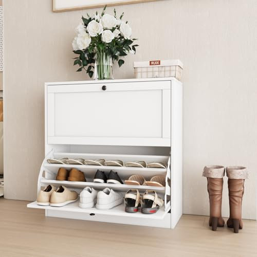 VOWNER Scarpiera Portascarpe in Legno, Scarpiera Slim, Ingresso, Regolabili, con 2 Ante a Ribalta e Tripla Profondita, 80x80x30 cm (LxAxP), per Ingresso Casa, Bianco