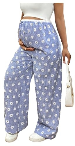 MakeMeChic Women's Maternity Pants Floral High Waist Wide Leg Drawstring Pregnancy Trousers Blue and White Large