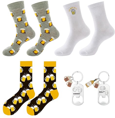 Pluvyze 3 Paar Biersocken Bier Socken Damen Bier Socken Herren 36-42 Biersocken Männer Mit 2 Flaschenöffner Schlüsselanhänger Universalgröße, Tolles Geschenk Für Bierliebhaber