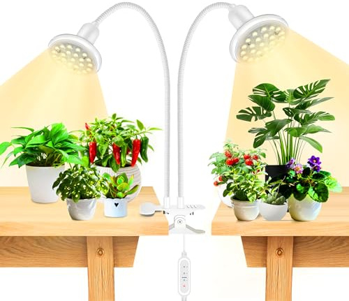 IMVSINCERE Grow Lights for Indoor Plants, 2×10W E27 Full Spectrum Grow Bulb with Optical Lens,Clip On Dual 360° Gooseneck LED Grow Light, 3500K + 660nm Red for Small Plants & Seedlings