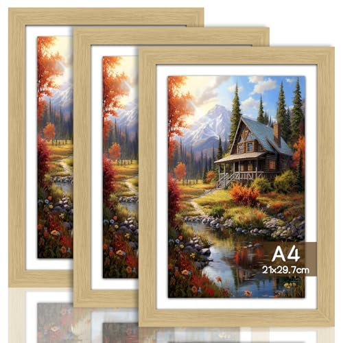 KENPOJO 3er Set Bilderrahmen A4 Holz, Bilderrahmen Natur mit Passepartout MDF Rahmen Bruchsicheres Acrylglas, Fotorahmen zum Aufhängen & Aufstellen Photo Frame für Fotos, Bilder, Puzzles, Poster