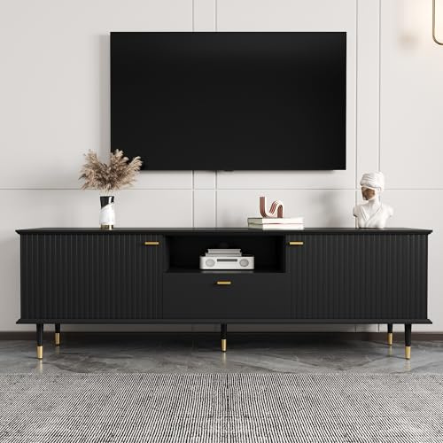 Merax Meuble TV avec compartiments ouverts et tiroirs - Meuble TV de salon en MDF avec surface structurée laquée - Poignées dorées - 170 x 36 x 54,5 cm - Noir