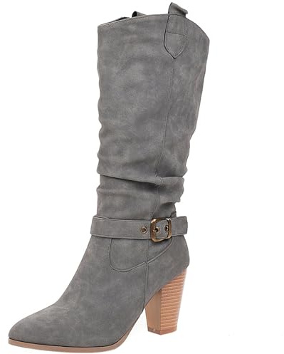 LarDorLin Femme Pointu Knee High Bottes D'Équitation Bloc Hiver Warm Western Equestrian Mode Slouchy Booty Gris Taille 42 EU (44 CN)