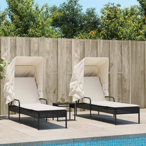 Frdhee Relaxliege Campingliege,Sonnenliegen 2 STK. mit Dach und Tisch Schwarz Poly-Rattan,Kippliege für Camping,Garten,Pool