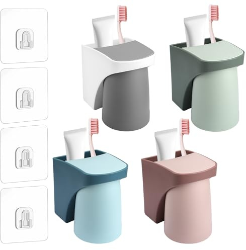 4er Set Zahnbürstenhalter Wandmontage, Toothbrush Holder Kein Bohren Erforderlich, Zahnbürsten Halterung Wand, Zahnputzbecher Kunststoff für Familie und Bad Family and Bathroom