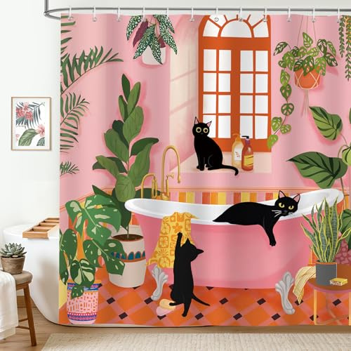 hometrixx Boho Duschvorhang Lustige Schwarze Katze Blätter 180x200cm Rose | Wasserdicht Polyester, Maschinenwaschbar, Badevorhänge mit 12 Ringe, Schimmelresistent Badezimmervorhang für Dusche Bad