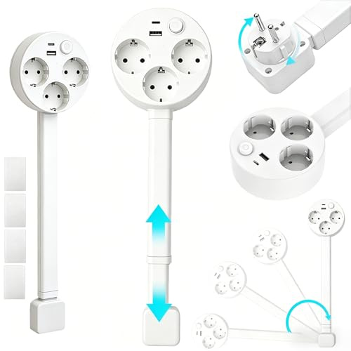 Steckdosenförlängning, Utbyggbar strömförsörjning med USB, Typ-C laddningsfunktion och 3 AC-uttag, Förlängning av strömuttag som kan dras ut 47–67 cm, kan rotera 360° för kök, vardagsrum, kontor Max