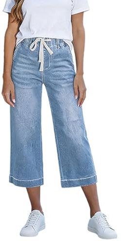 Pantalones Vaqueros para Mujer de 3/4 Longitud Pierna Ancha Tela Vaquera Verano Elegantes Capri Cintura Alta piernas Rectas Jeans Casuales Elásticos Ajuste Relajado #0508Y