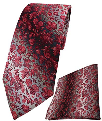 TigerTie Designer Krawatte Designer Einstecktuch in weinrot roserot anthrazit grausilber geblümt gemustert