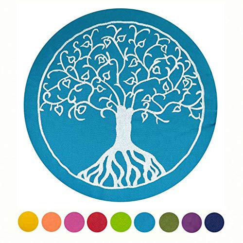 Maylow Yoga con cuore – Cuscino da meditazione con ricamo albero della vita 33 x 15 cm riempito con farro spelta – Federa e federa 100% cotone, turchese, 15